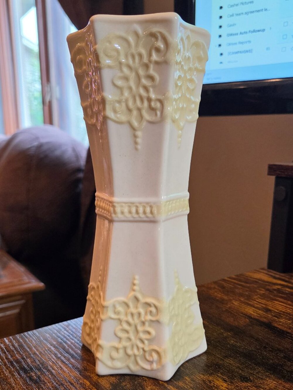 Vintage Belleek Ireland Hexagon Lace Flower/Celtic Pattern Porcelain Vase